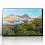 Framed acrylic print of a large abstract Icelandic landscape in muted blues and grays, ideal for modern art wall decor.