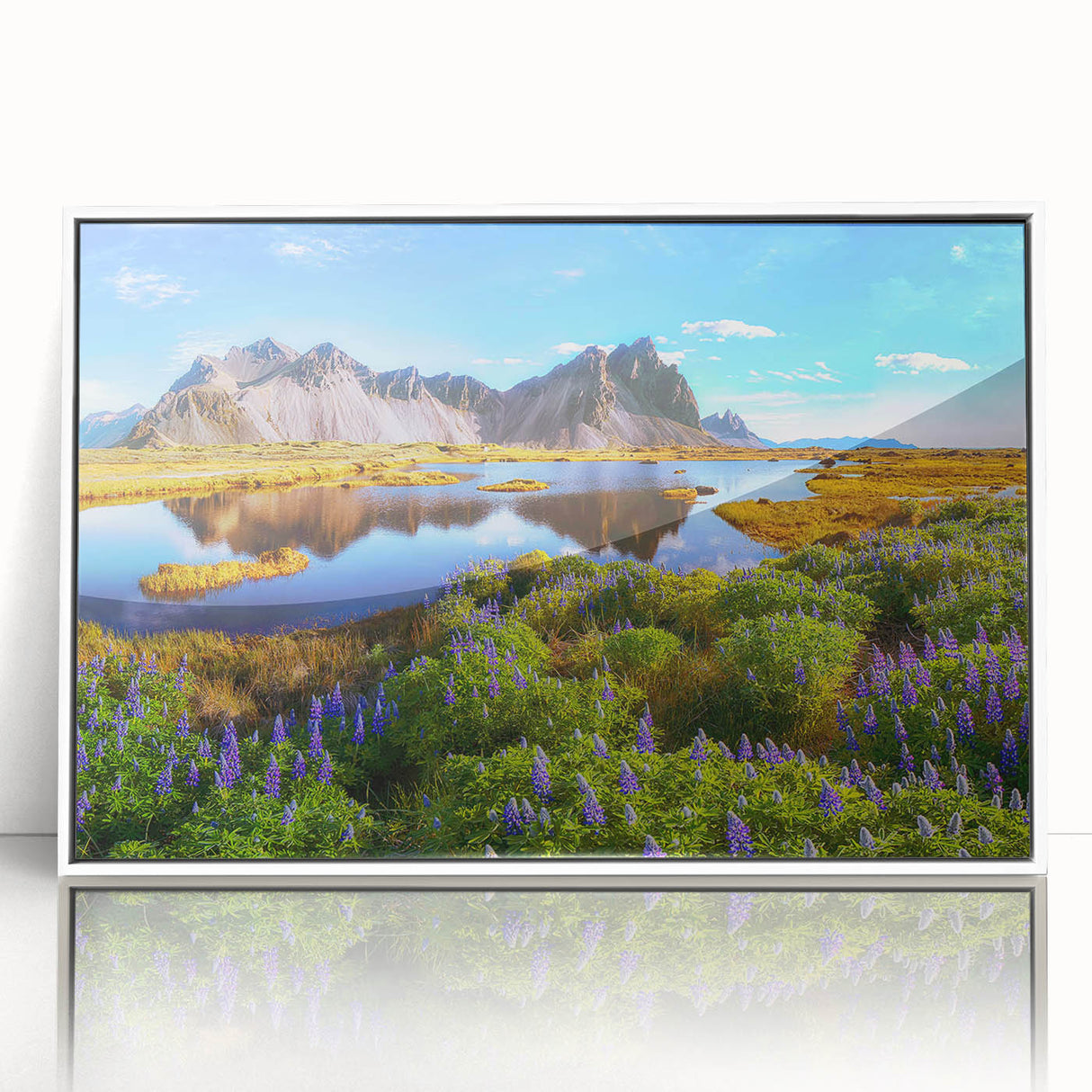 Mid-century modernist art depicting a serene Icelandic landscape in muted blue and green tones.