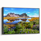 Black and white framed canvas featuring a vintage-style Icelandic landscape, ideal for bedroom wall art.