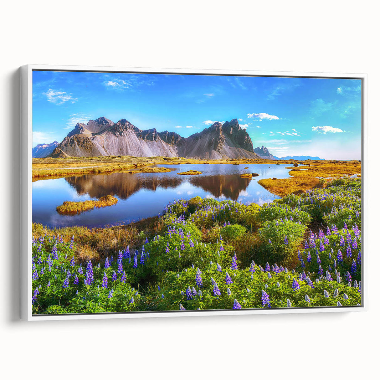 Vintage poster art of a scenic Icelandic landscape on extra large framed canvas.