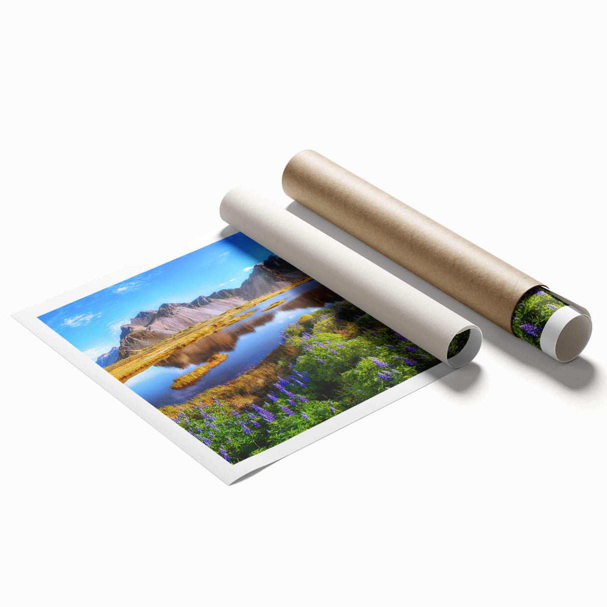 Extra large rolled print of a serene Icelandic landscape, featuring muted green and blue tones.