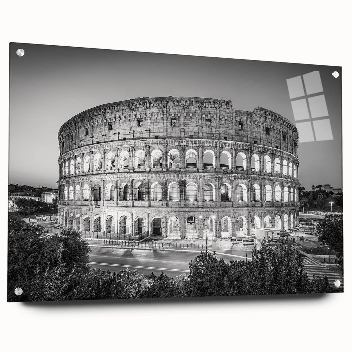 Acrylic print of a Rome cityscape with muted earth tones, ideal for dining room decor.