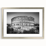 Extra large abstract art print of Rome's scenery in muted earth tones on a textured canvas, framed in silver.