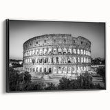 Black and white wall art featuring a vintage poster-style landscape of Rome on framed canvas, ideal for bedroom decor.