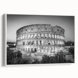 Vintage poster art of a Rome scenery on extra large framed canvas, featuring colorful art details against a black background.
