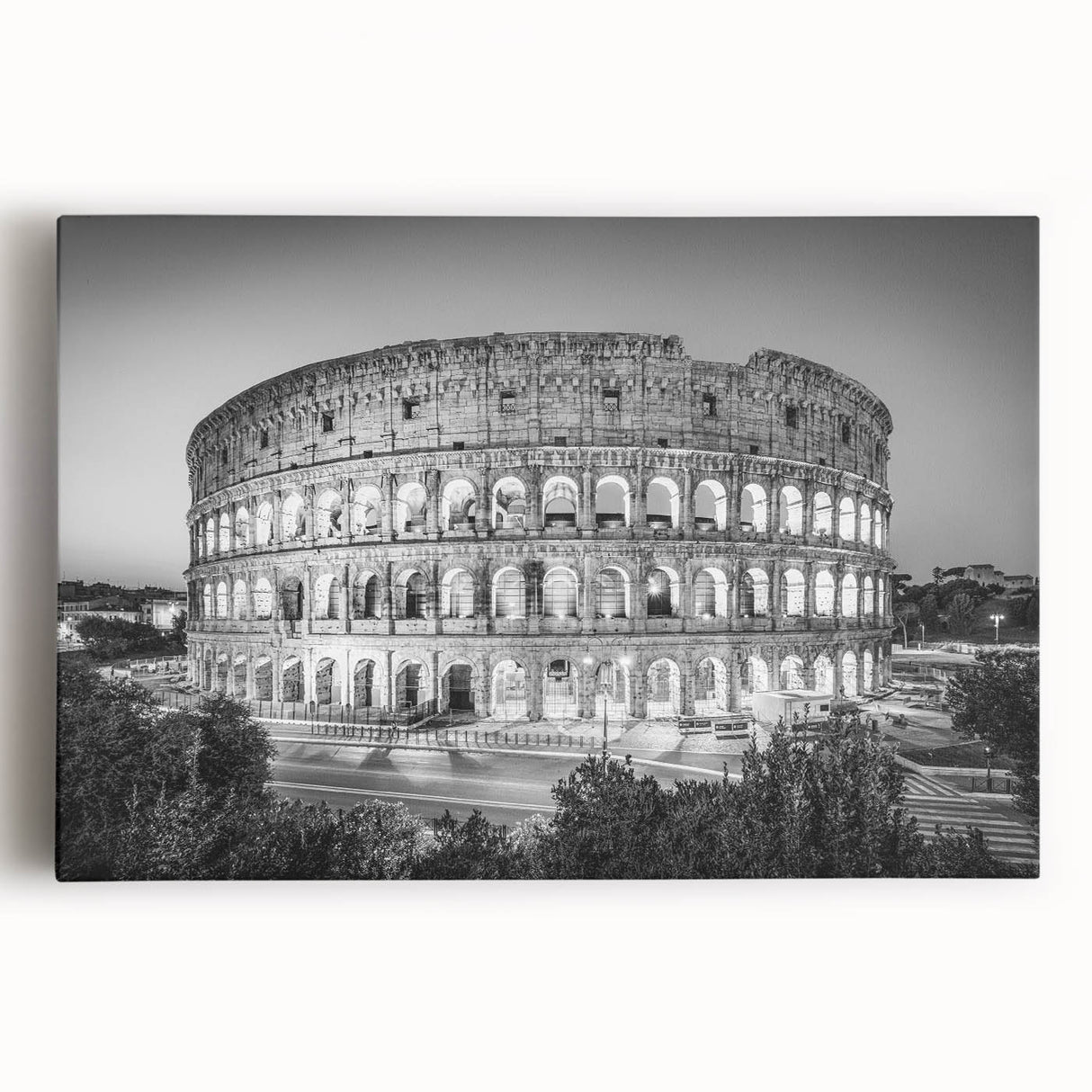 Black and white photo of Rome on stretched canvas, ideal for kitchen wall art or bedroom ambiance.