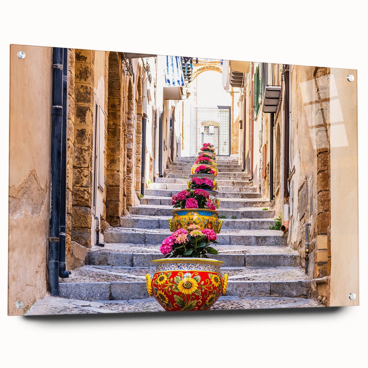 Acrylic print of a large abstract depiction of a Sicilian landscape, in muted earth tones.