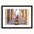 Extra large, colorful abstract art print of a Sicilian landscape, textured on a framed black mat.