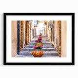 Extra large, colorful abstract art print of a Sicilian landscape, textured on a framed black mat.