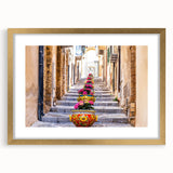 Abstract art print of a Sicilian landscape in muted earth tones on a framed canvas, ideal for dining room decor.