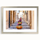 Extra large abstract art print of Sicilian scenery in textured silver frame, using muted earth tones.