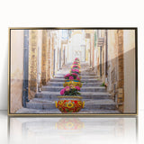 Art deco poster of Sicilian landscape in muted gold and blue tones on framed acrylic, suitable for modern art wall decor.