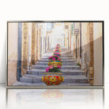 Mid-century modernist Sicilian landscape in muted earth tones, framed in silver acrylic, suitable for modern art wall decor.