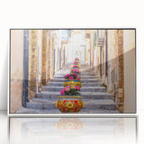 Mid-century modernist art depicting a Sicilian landscape on a framed acrylic, using muted earth tones.