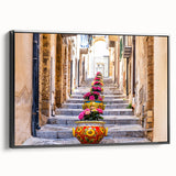 Black and white landscape art painting of Sicily on framed canvas, suitable for bedroom wall decor.