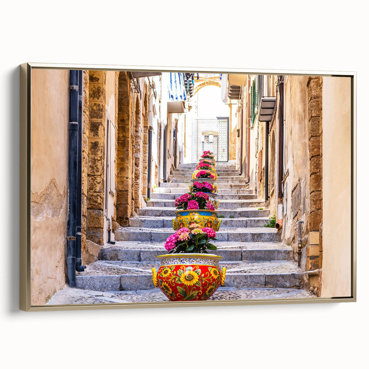Framed canvas featuring a vintage-style landscape painting of Sicily, Italy, with muted gold and black tones.