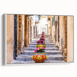 Vintage poster art of a Sicilian landscape on white framed canvas, featuring vibrant colors, ideal for living room decor.