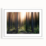 Textured abstract art print of a European landscape in muted earth tones on a white framed mat, ideal for bedroom wall decor.