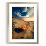 Extra large abstract art print of a European scenery in muted earth tones, framed in silver, ideal for living room decor.