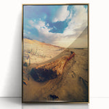 Art Deco poster of a European scenery in Lithuania, with muted gold and green tones on a framed acrylic.