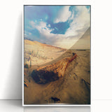 Mid-century modernist art depicting a European Lithuanian landscape on a white framed acrylic, ideal for nursery wall art.