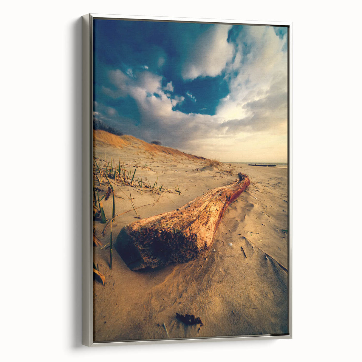 Framed canvas featuring a vintage-style landscape painting of a Lithuanian scenery in muted earth tones.