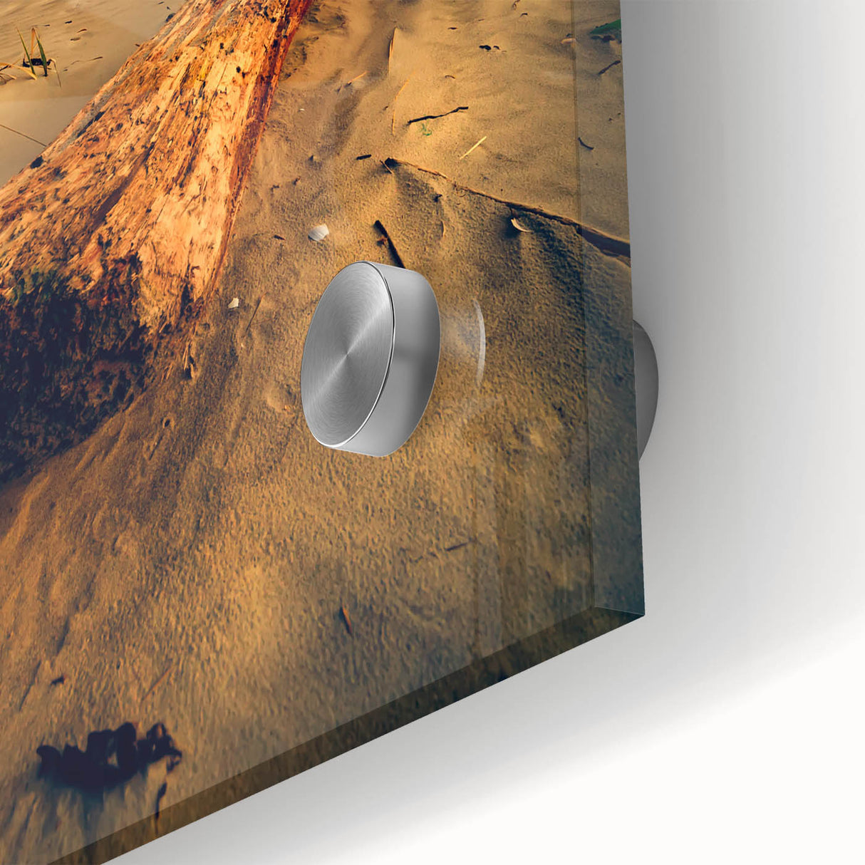 Large abstract wall art depicting a European Lithuanian landscape in muted earth tones on acrylic glass.