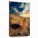 Acrylic glass print of a large abstract landscape with soft blue and green tones, ideal for dining room decor.