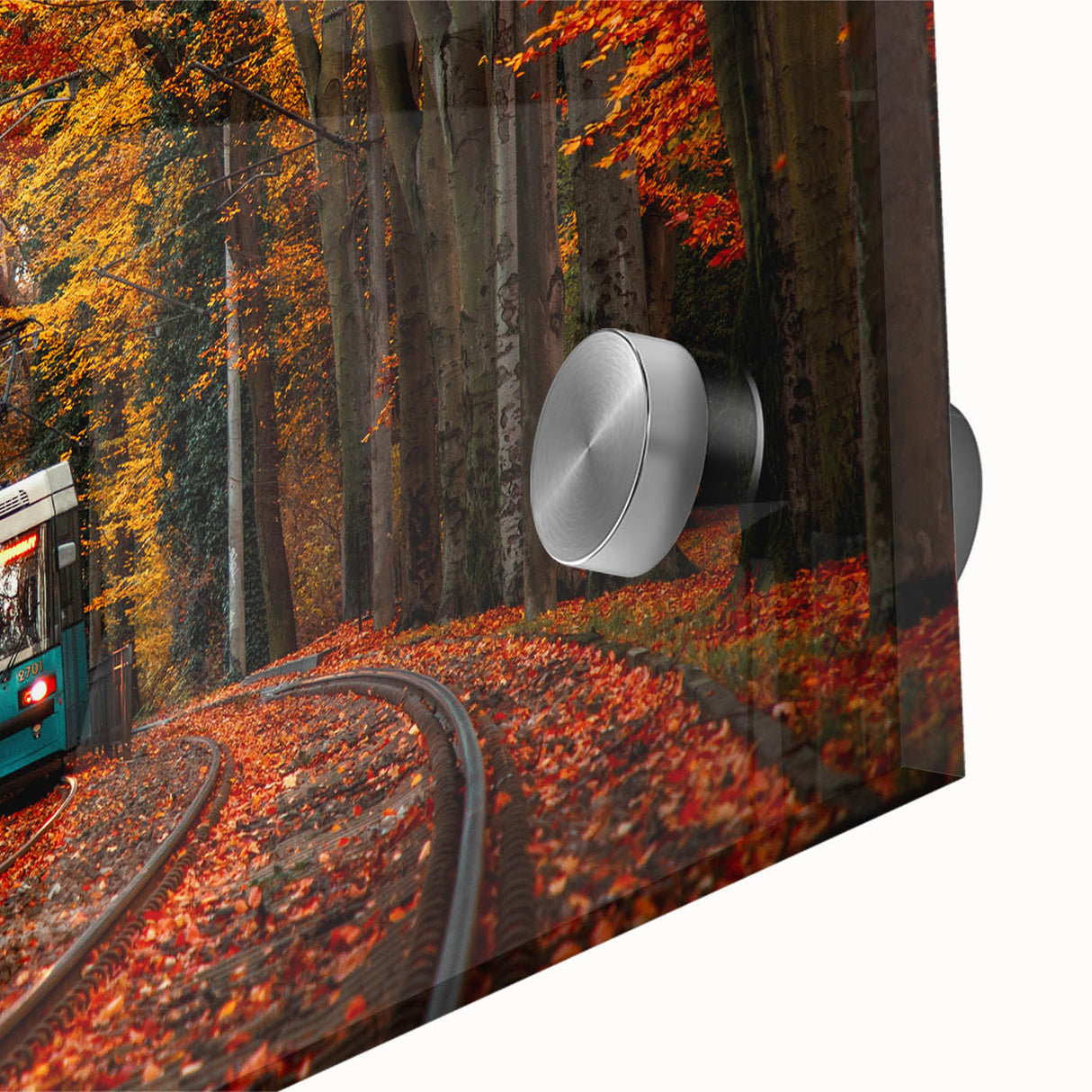 Large abstract wall art depicting a European scenery in muted earth tones on acrylic glass.