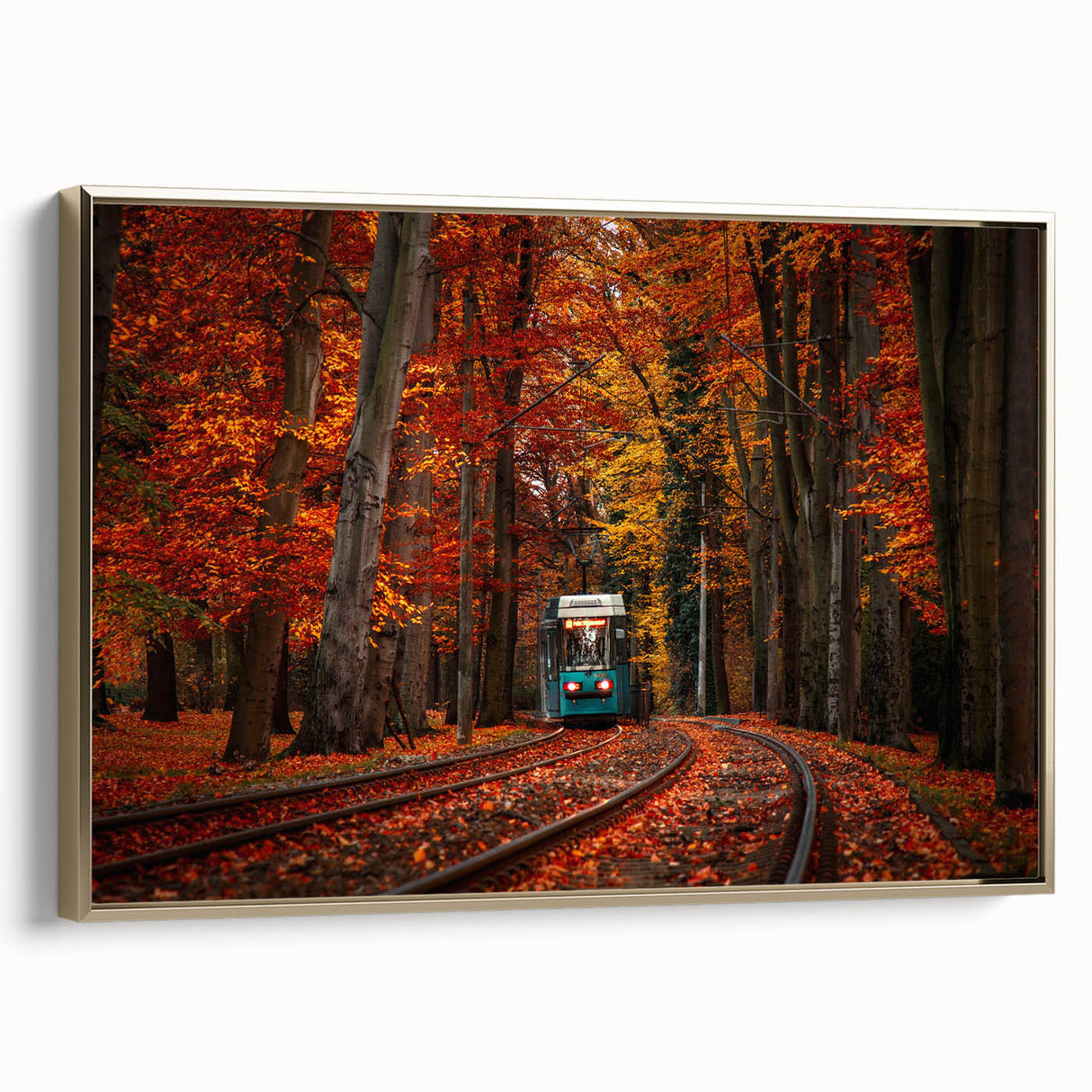 Framed canvas depicting a vintage-style landscape of a Polish scenery in muted gold and black tones.