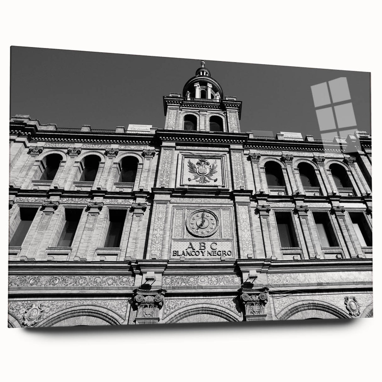 Large abstract depiction of Madrid skyline in vibrant hues on acrylic glass, ideal for bedroom or dining room art.