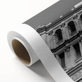 Art Deco poster of Madrid skyline in muted blue and gray tones on rolled canvas, ideal for nursery wall art.