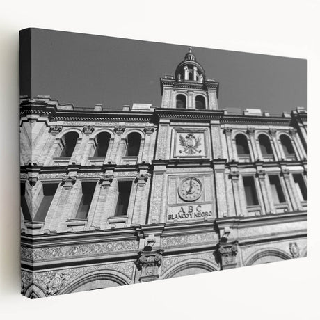 Side view of a stretched canvas featuring a detailed Madrid cityscape in vibrant twilight hues, ideal for kitchen wall art.