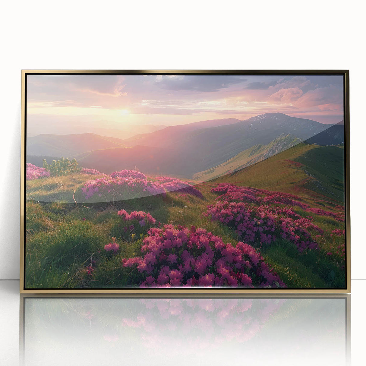 Large art print of a European Ukrainian landscape in muted earth tones, framed in gold acrylic.