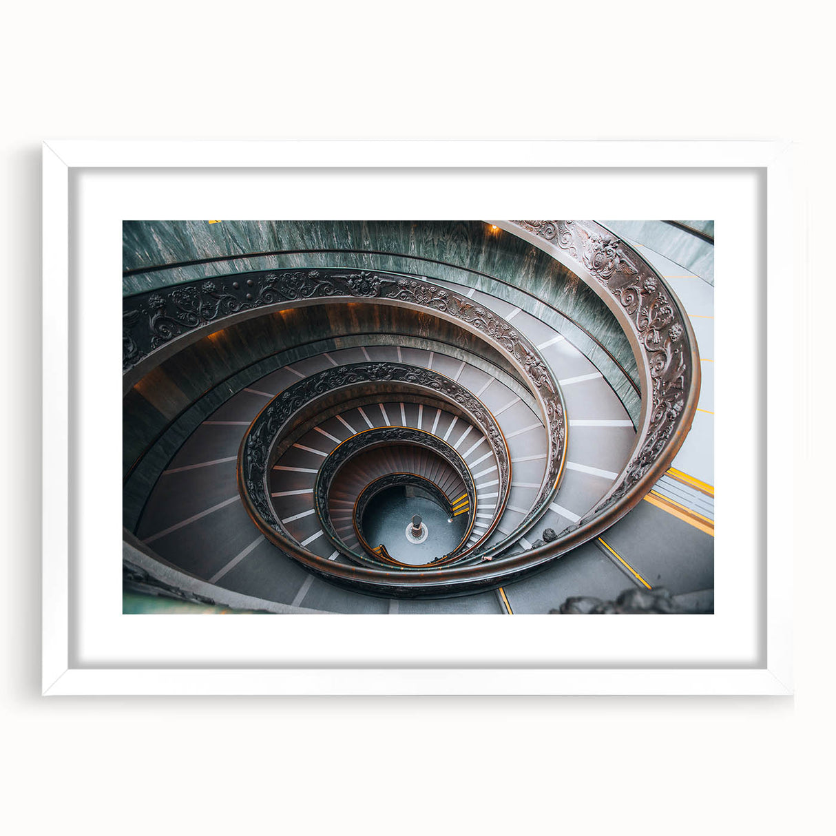 Abstract art print of the Vatican in muted gray and blue tones, framed with a white mat, ideal for dining room decor.
