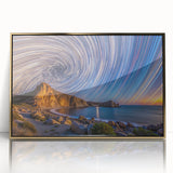 Mid-century modernist style acrylic print of Baja California scenery in gold frame, ideal for modern art wall decor.