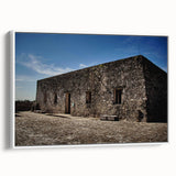 Vintage poster art of Quintana Roo scenery on framed canvas, featuring vibrant colors against a black background.