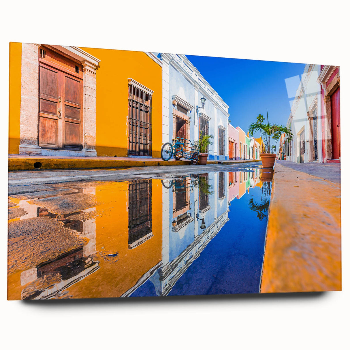Large abstract wall art of Yucatan scenery on acrylic glass, featuring vivid blue and green tones.