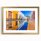 Extra large abstract art print depicting textured scenery of Yucatan, in a gold frame, suited for living room decor.