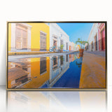 Mid-century modernist acrylic print of Yucatan scenery in gold frame, ideal for modern art wall decor.