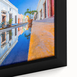 Extra large framed canvas depicting a textured, colorful Mexican Yucatan landscape, ideal for living room decor.