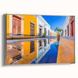 Framed canvas of a vintage-style landscape art painting featuring colorful Yucatan scenery.