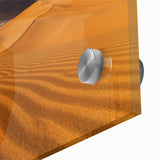 Large abstract depiction of Dubai skyline in muted gold and blue hues on acrylic glass, suitable for dining room art.