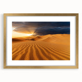 Extra large textured abstract art print of Dubai skyline in muted gold and blue tones on a framed canvas.