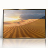 Framed acrylic print of Dubai skyline in gold and blue tones, suitable for modern art wall decor.