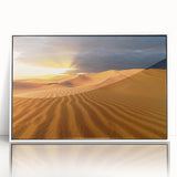 Art Deco style poster of Dubai skyline, in muted gold and blue tones, framed acrylic, suitable for modern art wall decor.