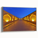 Landscape art painting of an Iranian scenery on framed canvas with silver accents.