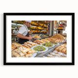 Extra large colorful abstract art print of Jerusalem scenery on textured canvas, framed in black.