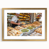 Extra large textured abstract art print of Jerusalem skyline in muted gold and beige, framed with mat.