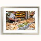 Textured abstract art print of Jerusalem landscape in muted earth tones, framed in silver, ideal for bedroom art.